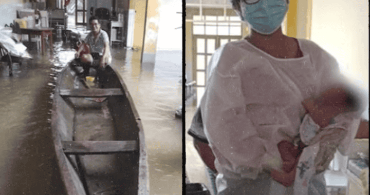 Barco inundado en una escuela o centro educativo por la fuerte lluvia en Loreto, Perú, mostrando daños causados por la crecida de ríos en la región.