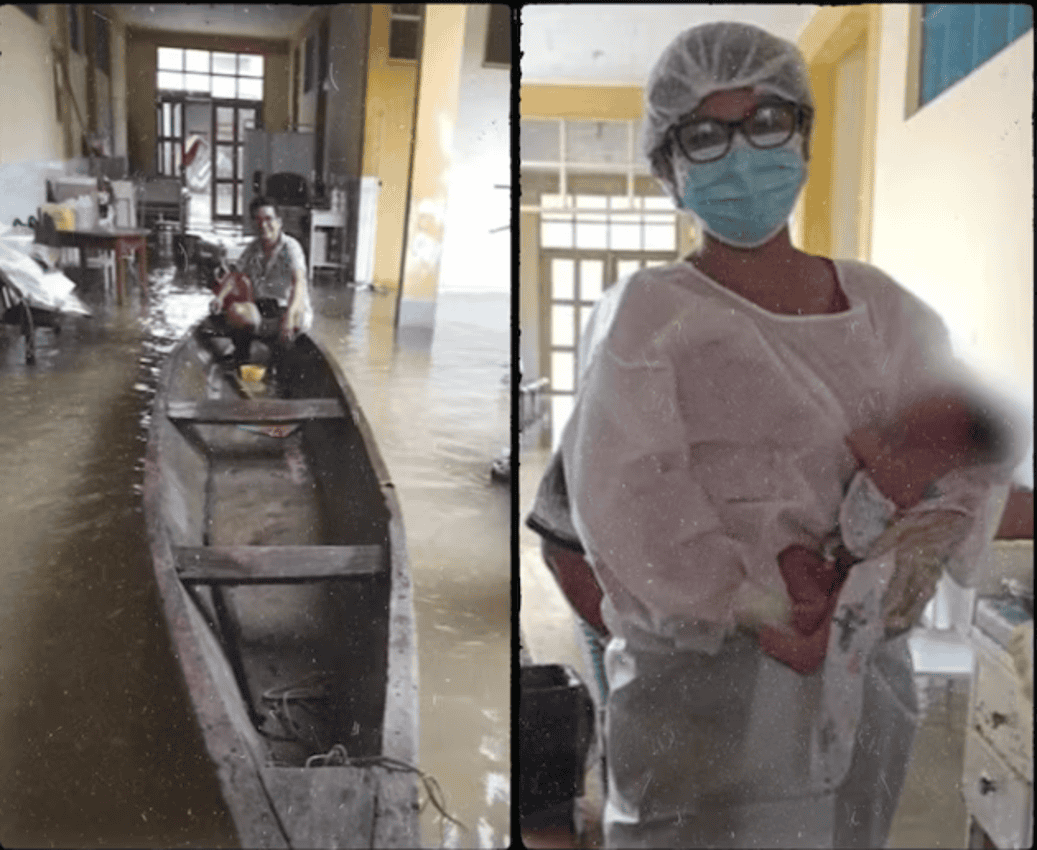 Barco inundado en una escuela o centro educativo por la fuerte lluvia en Loreto, Perú, mostrando daños causados por la crecida de ríos en la región.