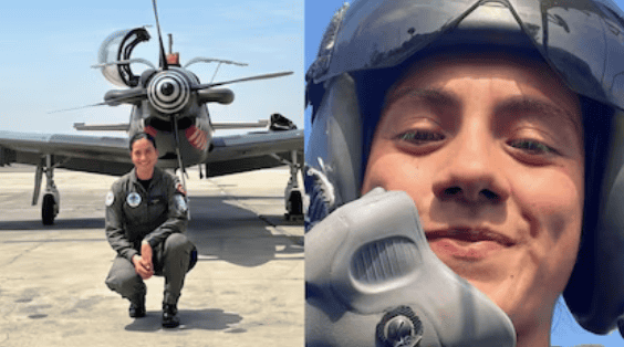 Piloto militar en aeropuerto peruano junto a avión de combate, mostrando preparación y tecnología aérea en Loreto Noticias.