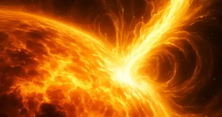 Llamarada solar de color naranja y amarillo en el espacio, representando energía y fenómenos astronómicos.