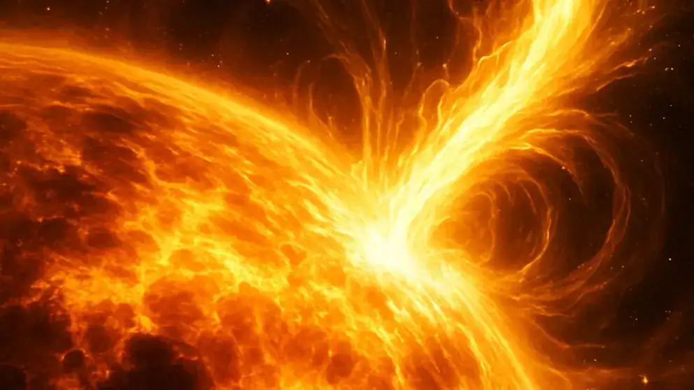 Llamarada solar de color naranja y amarillo en el espacio, representando energía y fenómenos astronómicos.