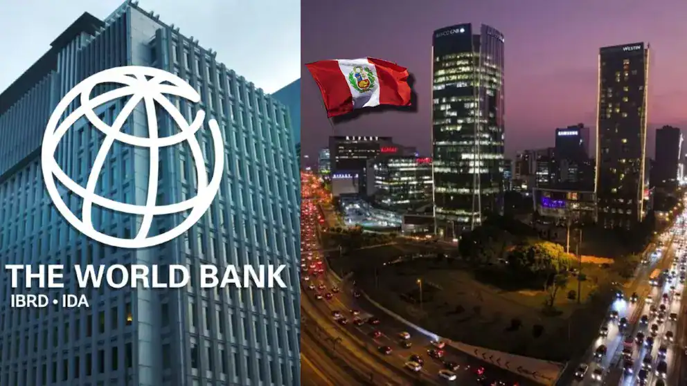 Banco Mundial en Lima, Perú, con vista nocturna a modernos edificios y bandera peruana, destacando datos económicos y desarrollo en Loreto Noticias.