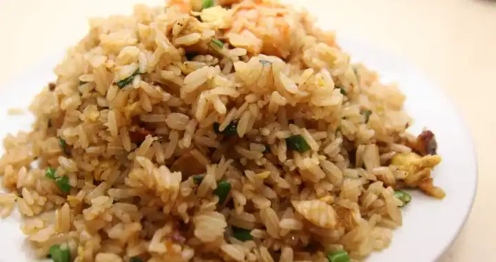 Arroz frito peruano con pollo, huevo y vegetales en plato blanco, comida tradicional de Loreto, Perú. Platos típicos de la gastronomía amazónica de Loreto, ricos en sabores y cultura peruana.