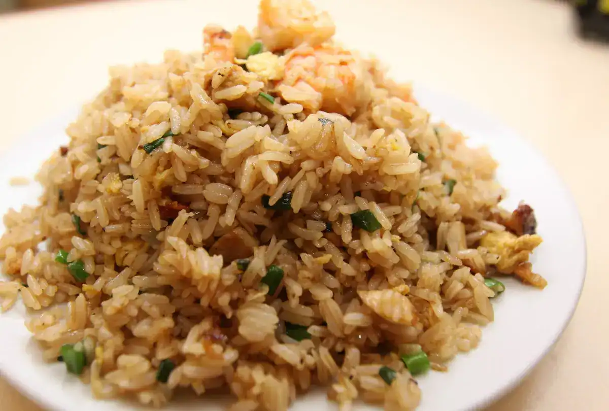 Arroz frito peruano con pollo, huevo y vegetales en plato blanco, comida tradicional de Loreto, Perú. Platos típicos de la gastronomía amazónica de Loreto, ricos en sabores y cultura peruana.