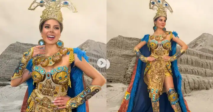 Vestido tradicional de carnaval con detalles dorados y accesorios de arte andino en Loreto Noticias, ideal para destacar la cultura amazónica en eventos folclóricos.
