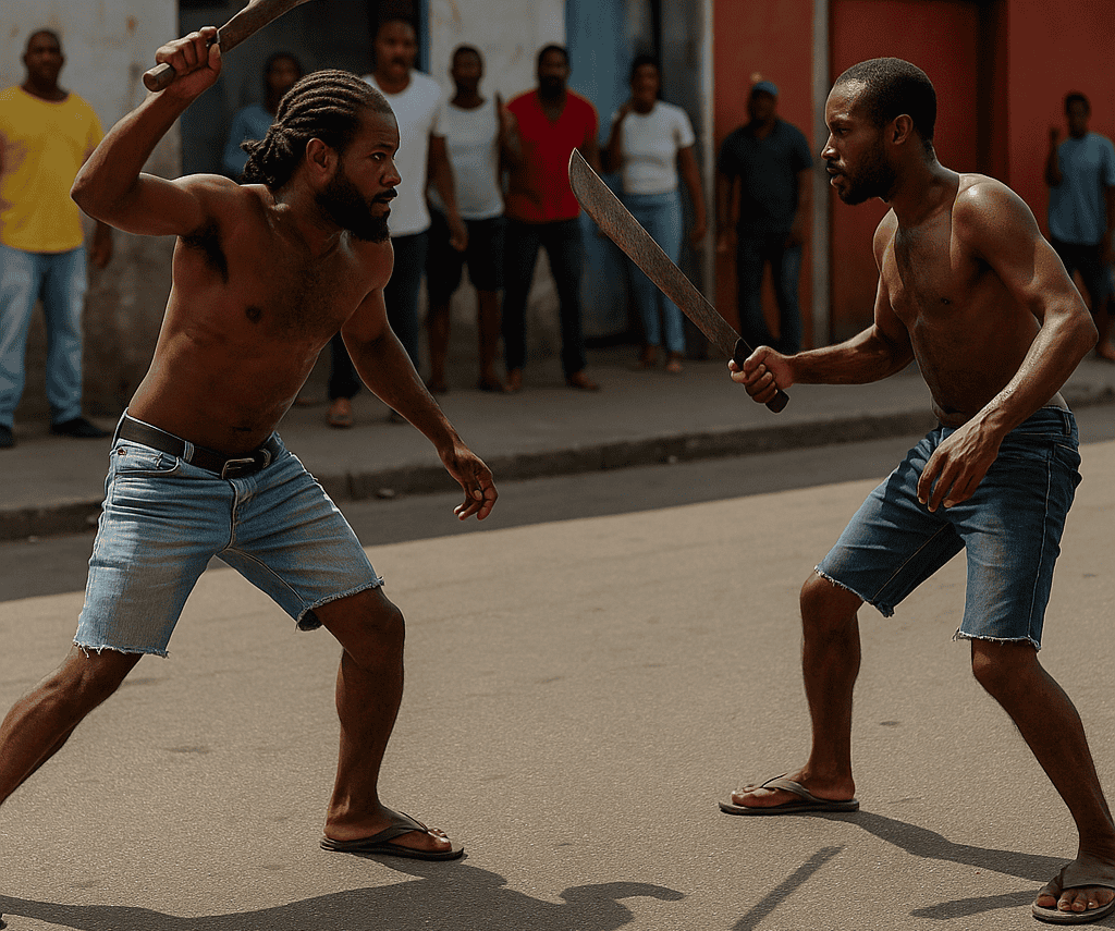Luchadores de calle en Loreto Noticias durante un enfrentamiento con cuchillos en una calle de la ciudad. Este incidente ha generado preocupación en la comunidad local sobre la violencia urbana en Loreto.