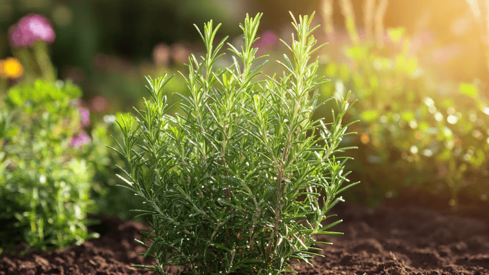 Hierba de romero creciendo en tierra, destacando en un huerto con luz natural.