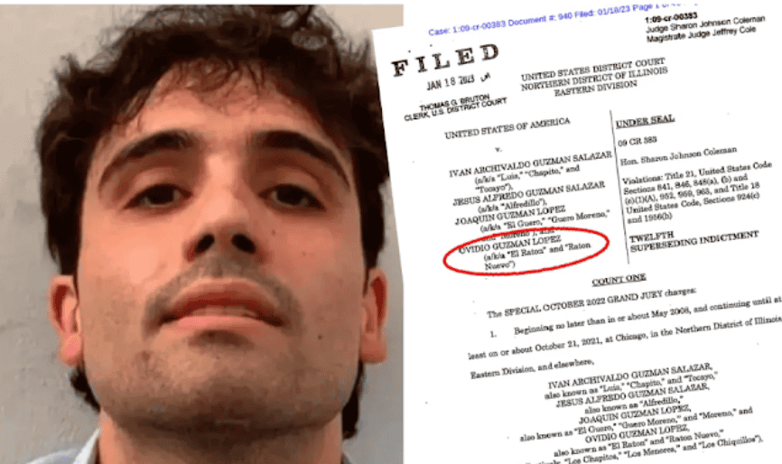 Candidato Ovidio Guzmán López en una imagen con documento legal, con énfasis en su nombre y cargos por supervisión judicial.