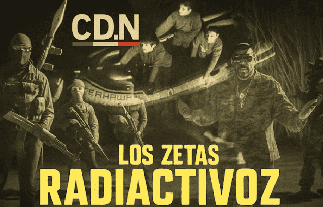 Soldados y civiles en un contexto de conflicto, con un mensaje sobre las Zetas y armas peligrosas.