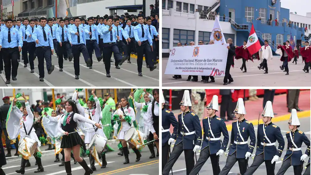 Estudiantes y militares participando en desfile cívico por el aniversario de Loreto, en Perú, con elementos de la bandera peruana y símbolos patrios, promoviendo el orgullo nacional y la cultura regional.