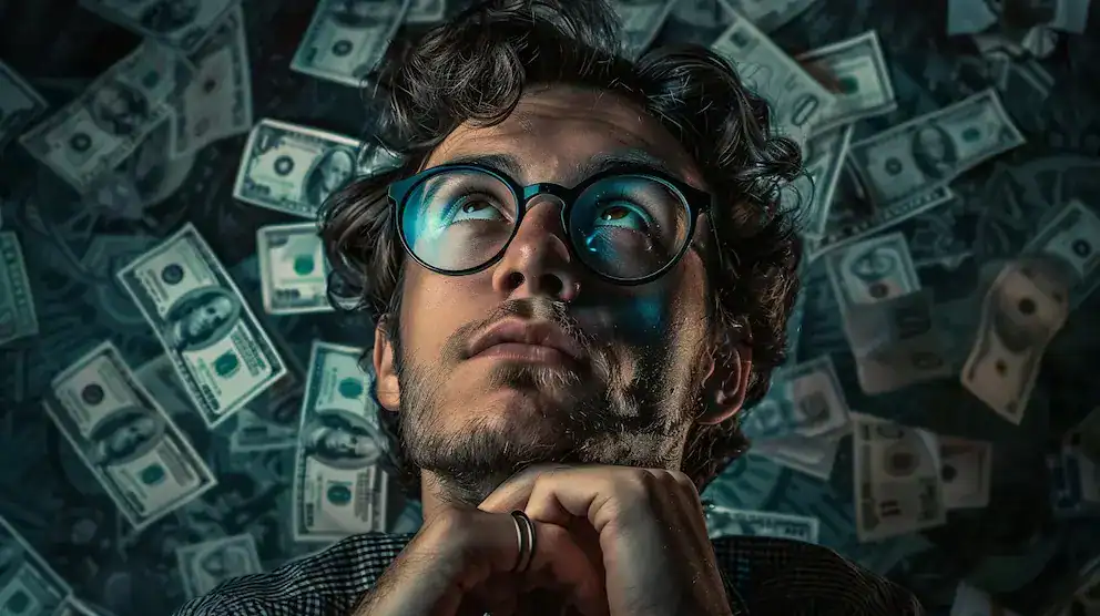 Dinero en dólares, hombre pensativo con gafas, fondo de billetes, riqueza y finanzas, concepto de dinero, inversión.