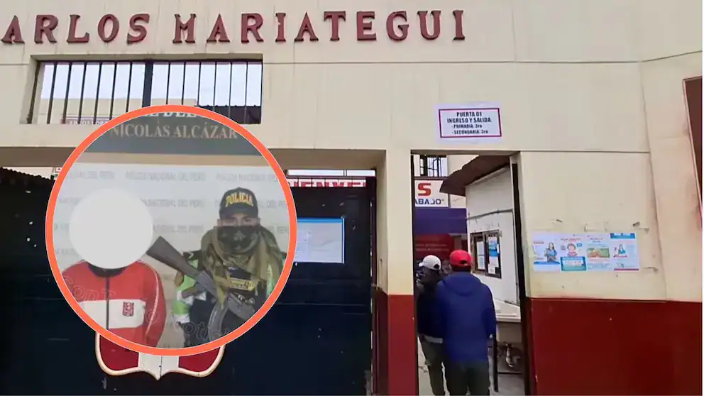 Policía en la puerta del colegio Carlos Mariátegui en Loreto, Perú, asegurando la seguridad en la institución educativa.