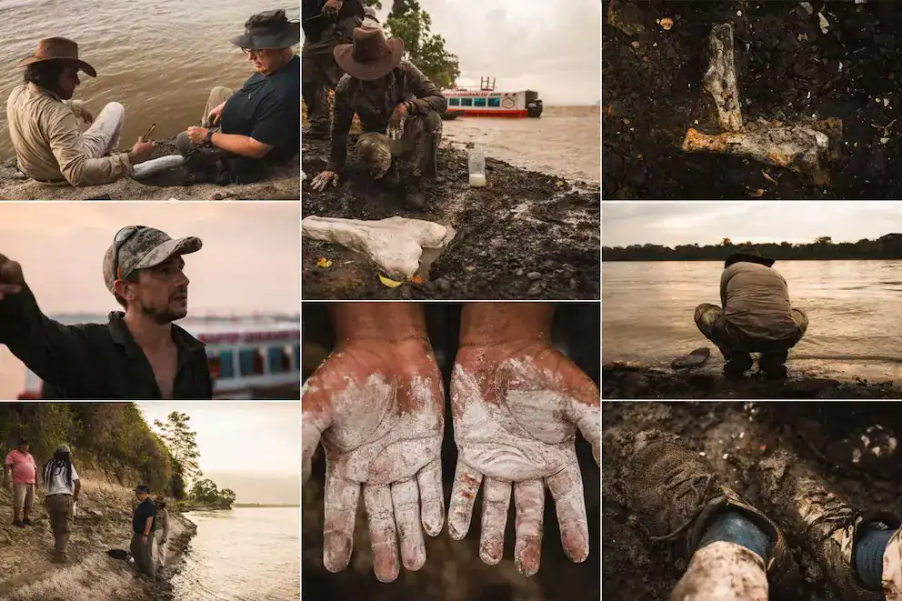 農業調査に従事する人々が川辺で泥濘の調査を行っている様子.