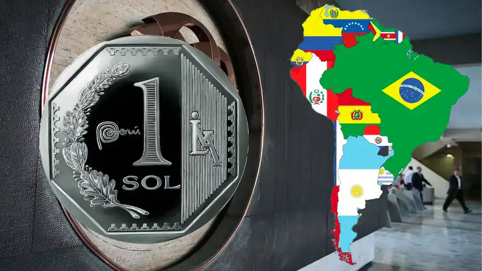 Dinero peruano con mapa de América del Sur con banderas de países latinoamericanos, ilustrando economía y cooperación en la región.