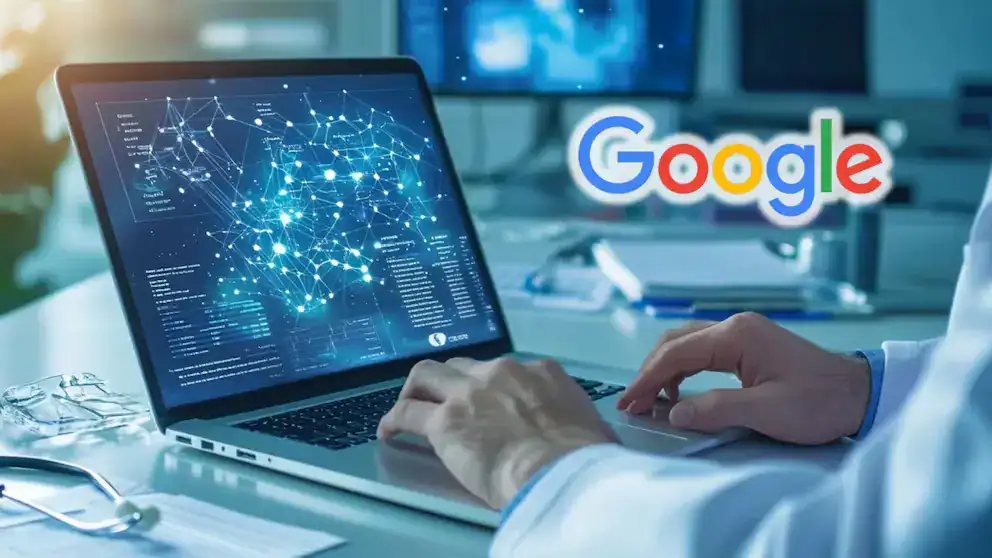 Análisis de datos en una laptop con logotipo de Google en un entorno de oficina moderna, enfocado en marketing digital y SEO para Loreto Noticias.