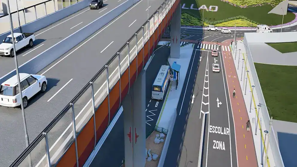 Camino peatonal y ciclovía en Loreto, infraestructura moderna con señalización para zonas escolares, carriles exclusivos para bicicletas y paso peatonal seguro en la ciudad.