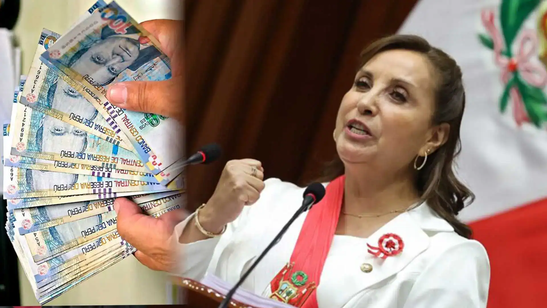 Billetera con billetes de soles peruanos siendo mostrada en una conferencia de prensa por una mujer con vestido blanco y detalles rojos, representación de economía y finanzas en Loreto Noticias.