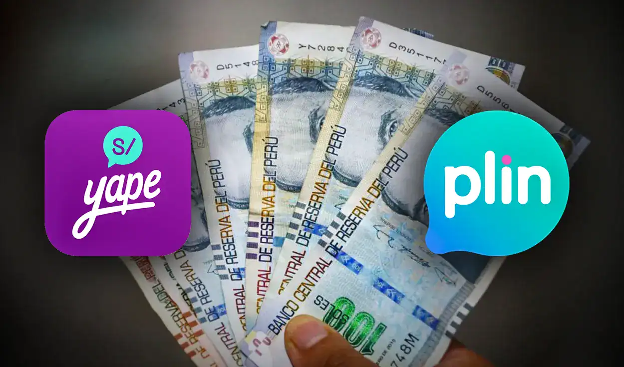 Dinero en efectivo peruano con logotipos de Yape y Plin, métodos de pago digitales populares en Perú.