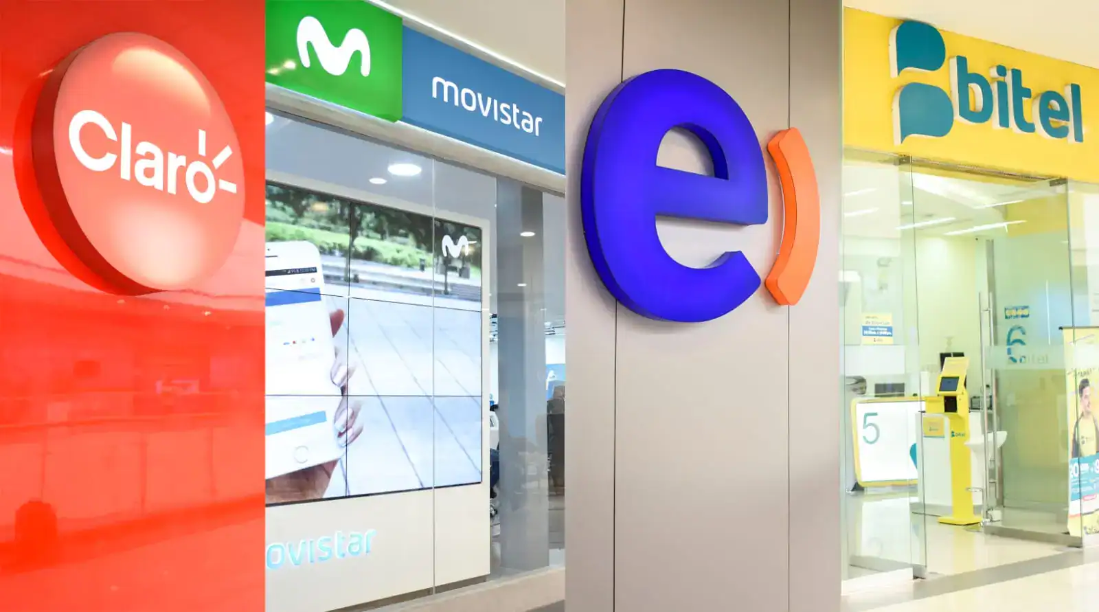 Cobertura de tiendas de telecomunicaciones en Loreto, Perú, destacando Claro, Movistar, Entel y Bitel en el centro comercial, reflejando servicios de telefonía móvil y atención al cliente.