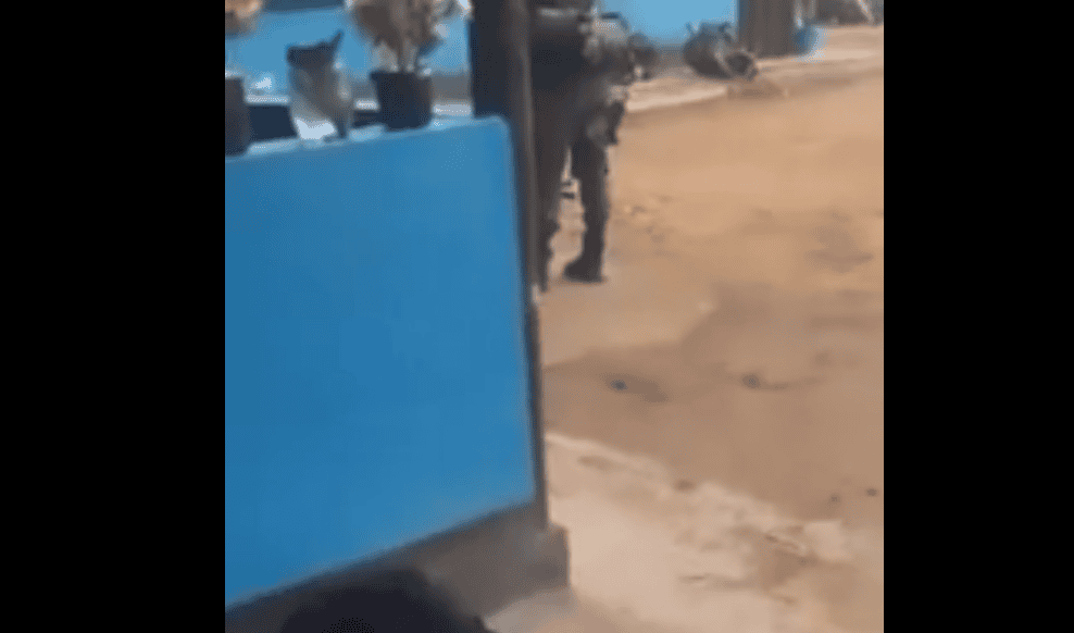 Perro guardian en la calle en Loreto, Perú, vigilando cerca de una vivienda con fondo de terracería y estructuras de construcción, representando seguridad y vida cotidiana en la región.