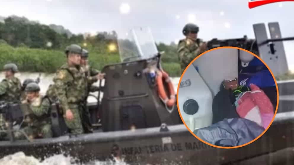 Militares en operación con equipamiento táctico en río, con niños dentro de embarcación, muestra de acciones de seguridad y rescate en Loreto Perú.