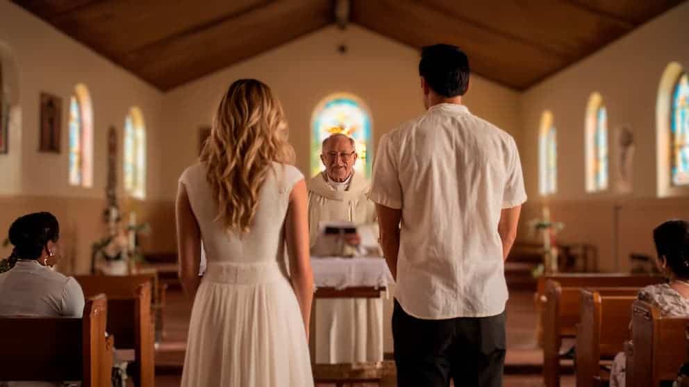 Ceremonia de matrimonio en iglesia católica en Loreto, Perú, con pareja y sacerdote, para contenido de noticias locales, bodas y celebración religiosa en Loreto Noticias.