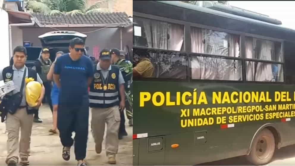 Asalto en Loreto: policía y equipos de emergencia en la escena del incidente en San Martín, acompañados de un sospechoso detenido y una unidad de servicios especiales, en plena acción policial.