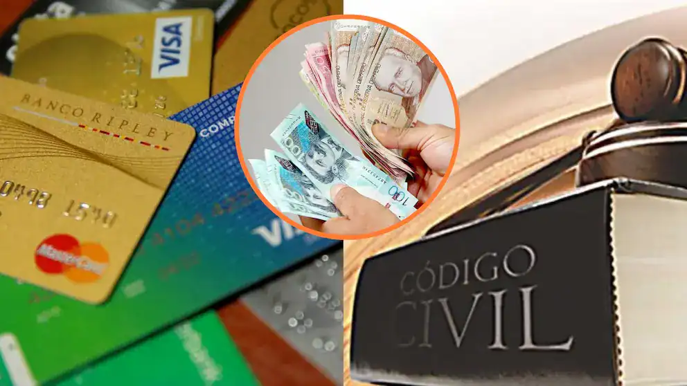 Tarjetas de crédito y dinero en efectivo junto a un libro abierto y un libro del Código Civil, relacionados con temas de finanzas y legislación en Loreto Noticias.