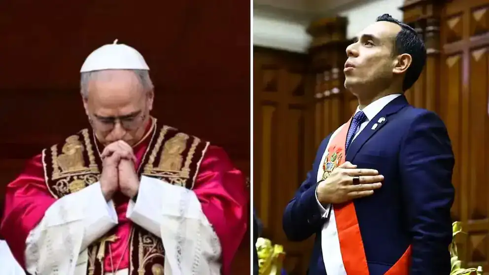 Rezado papa en misa católica – ministro peruano en ceremonia oficial con banda presidencial.