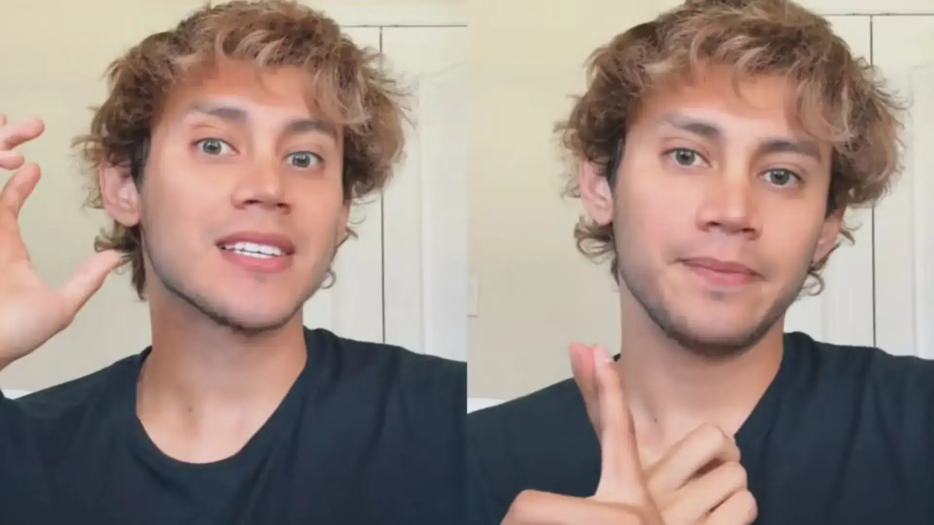 Atractivo hombre joven con cabello rizado y expresión amigable en un fondo neutro.