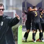 Entrenador de fútbol peruano dando instrucciones en el campo de juego.