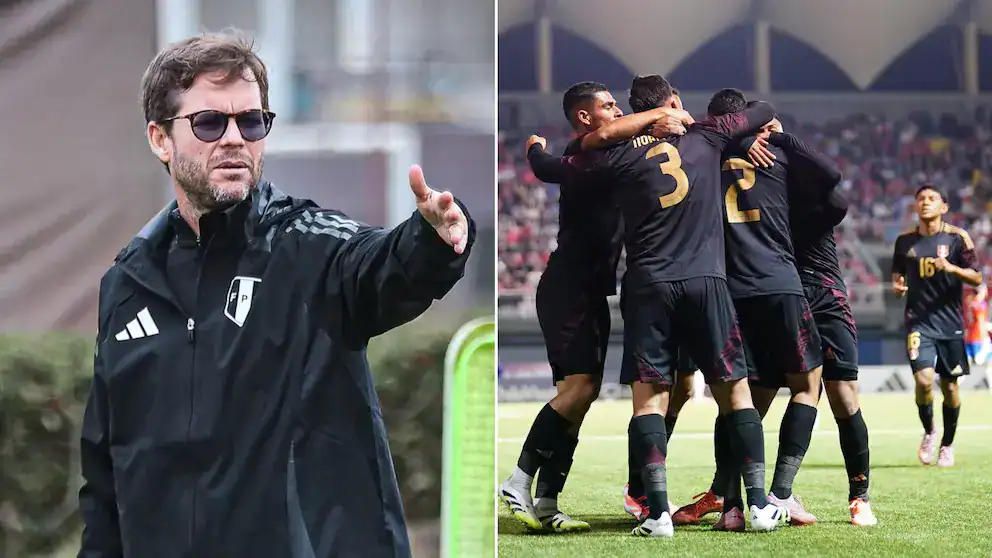 Entrenador de fútbol peruano dando instrucciones en el campo de juego.