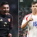 Goleador peruano con camiseta de fútbol, celebrando en el campo.
